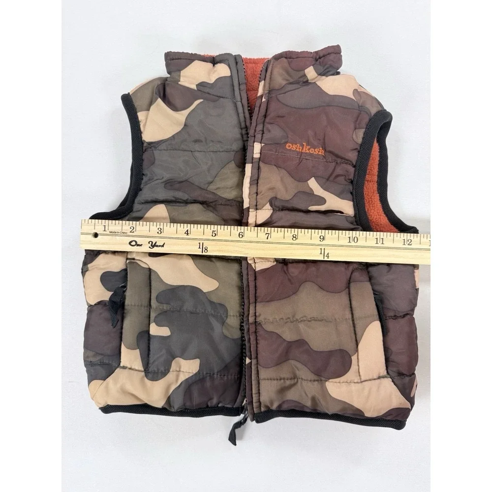 OshKosh Baby Boys Camo Puffer Vest 12-18M Orange Fleece Lined Full Zip